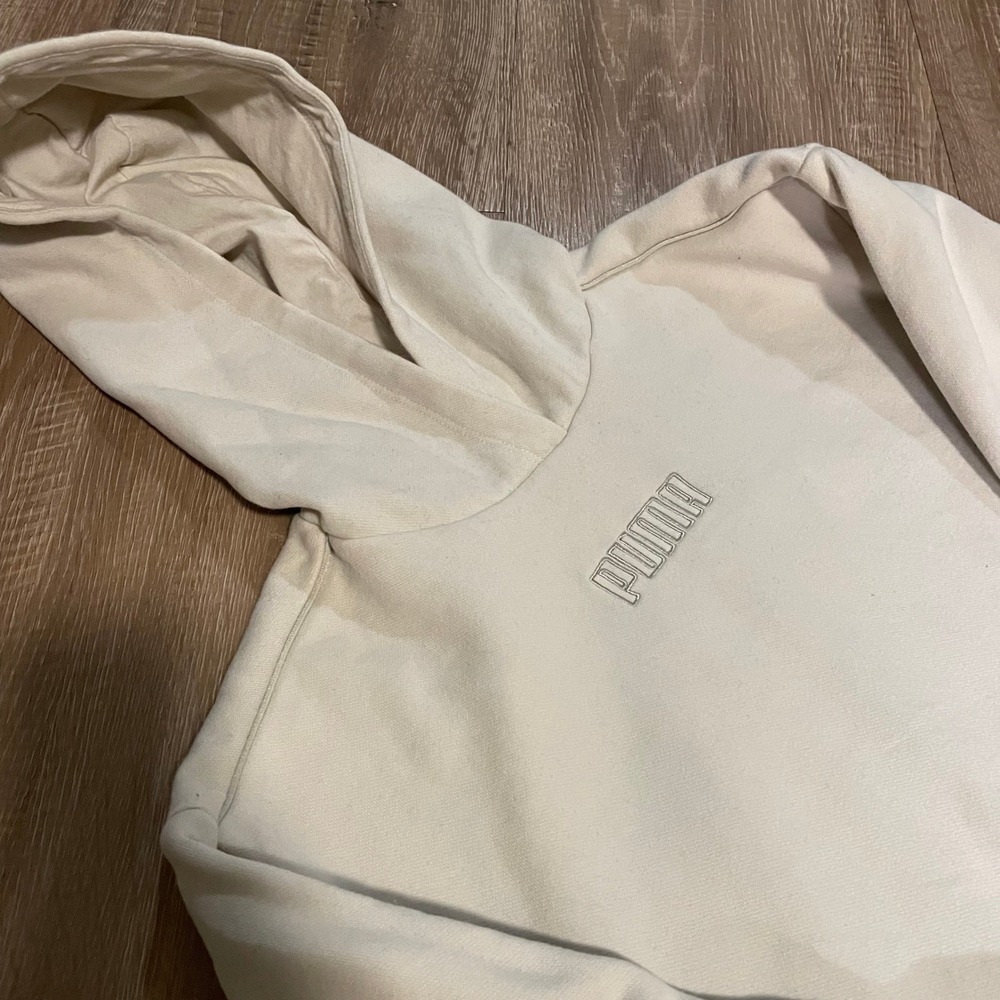 Puma Mens Hoodie Small Cream Cotton Blend Embroidered Logo Pullover Sweatshirt